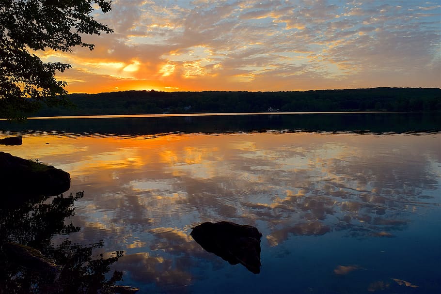 Lake, Sunset, Clouds, Water, sky, landscape, rock, tree, nature HD wallpaper