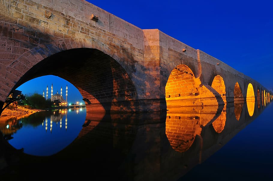 adana, old, stone bridge, reflection, water, architecture, built structure, HD wallpaper