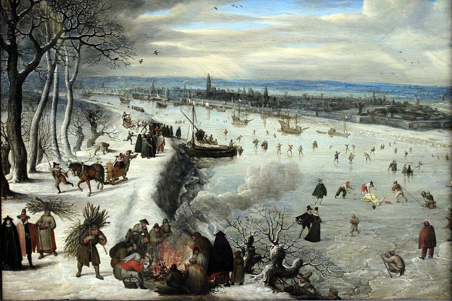 Antwerp in 1590 with the Frozen Scheldt in Belgium, artwork, landscape HD wallpaper