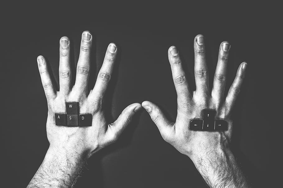 painting of eight keyboard keys on human hands, gamer, technology HD wallpaper