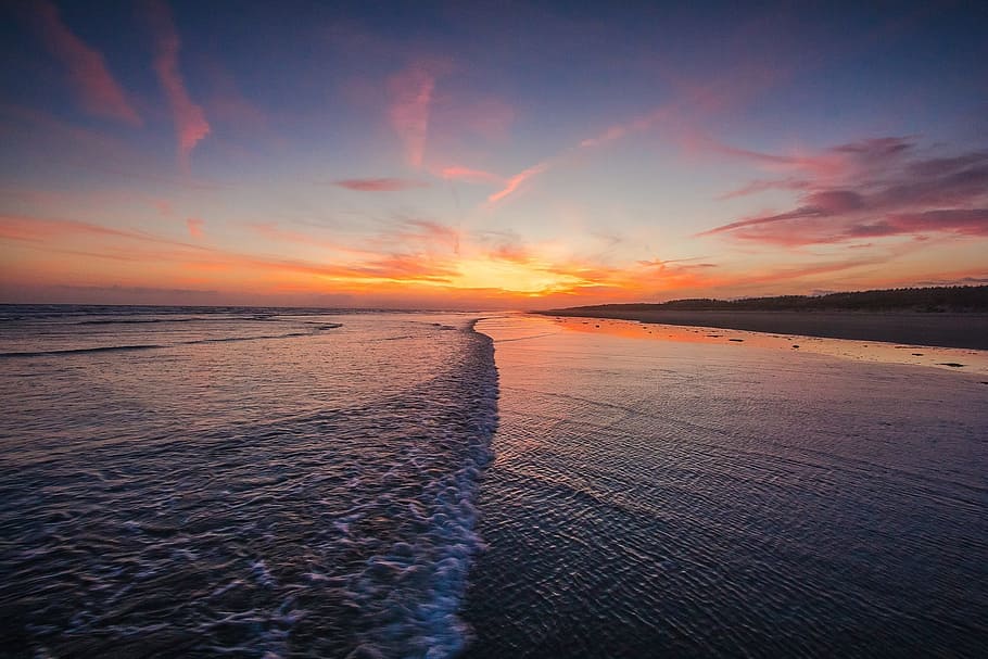photography of sunset over horizon, ocean, coast, beach, england HD wallpaper