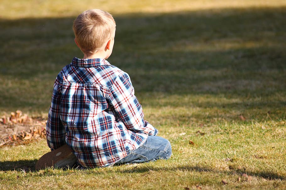 boy sitting on green grass, young, kid, sun, meadow, child HD wallpaper