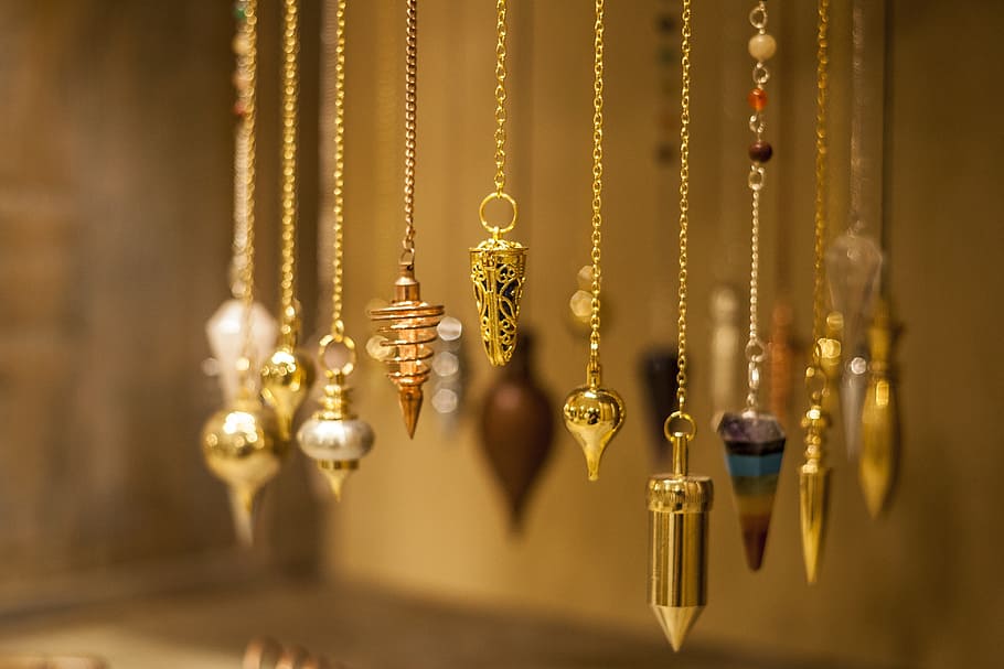 gold-colored necklaces with pendant, pendule, stones, pendulous HD wallpaper