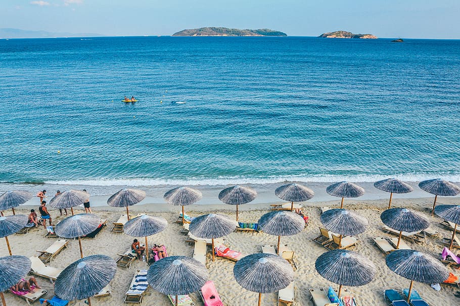 top view of blue beach umbrellas near seashore, summer, coastline HD wallpaper