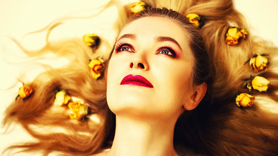 woman laying down with yellow roses on hair, lovely, girl, portrait, HD wallpaper