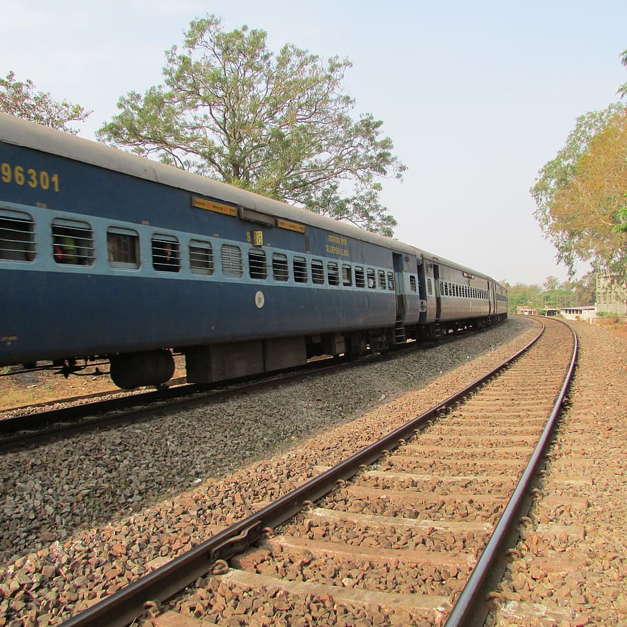 blue train on railway near trees at daytime, indian railway, dharwad, HD wallpaper