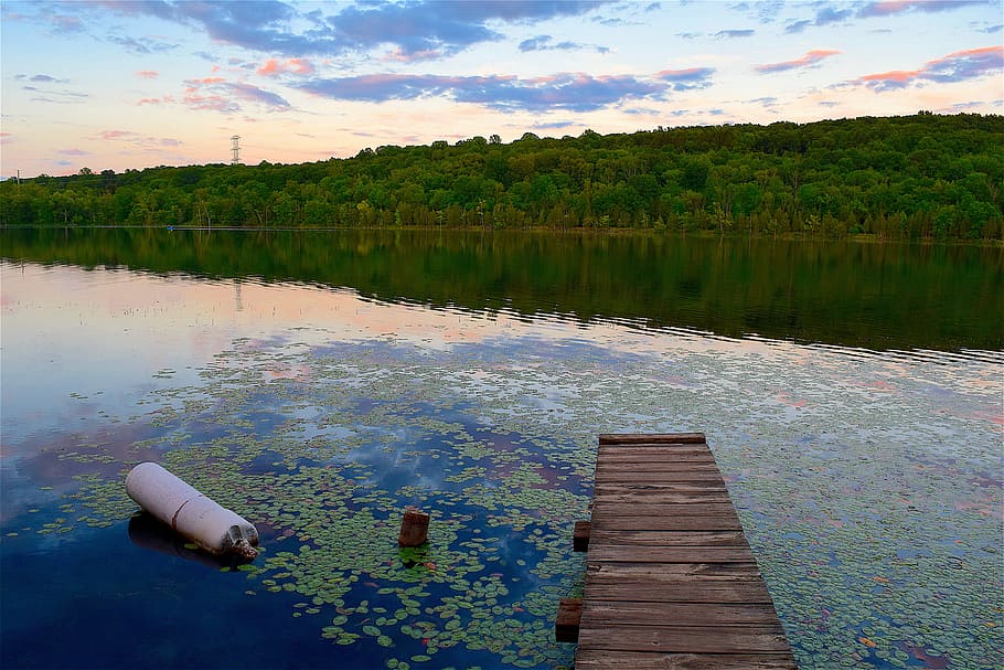 lake, dock, water, reflection, landscape, dusk, nature, blue sky HD wallpaper