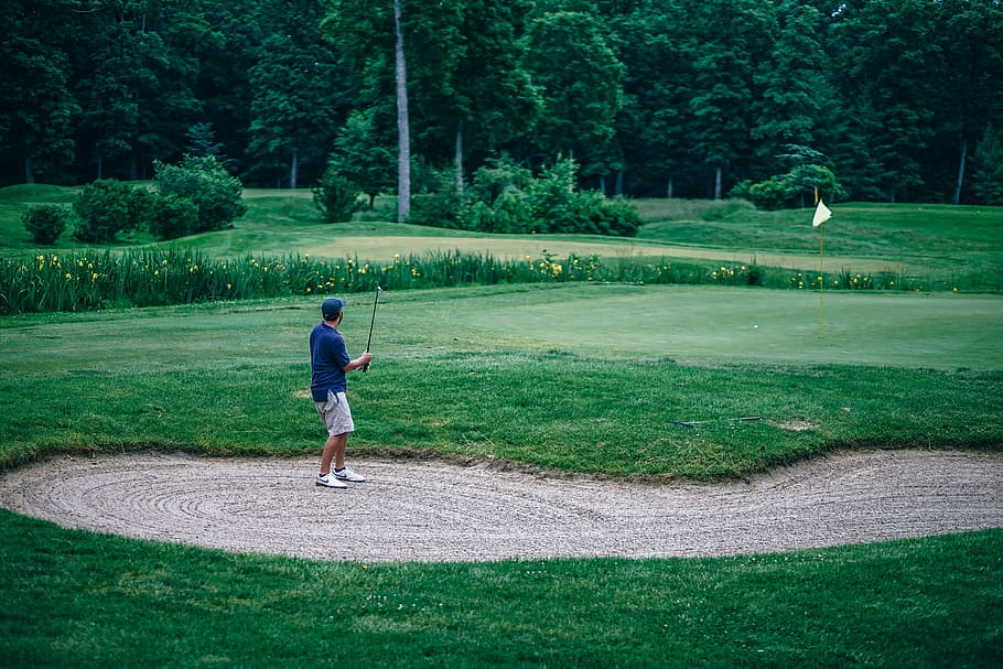 man playing golf, tree, green, blue, flag, sand, guy, dude HD wallpaper