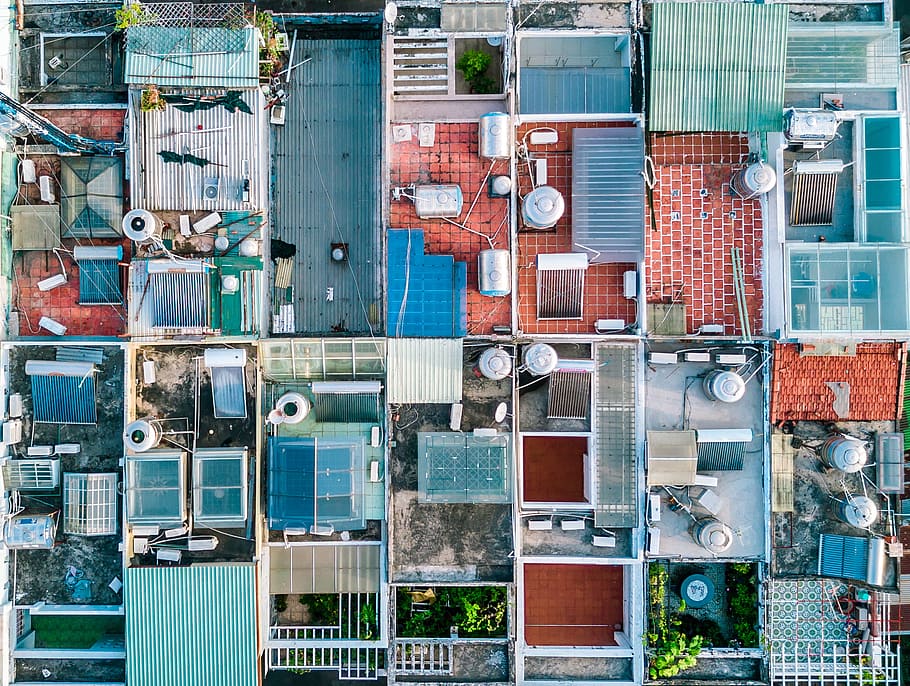 aerial view photography of houses, Rooftop pattern, tile, drone view, HD wallpaper