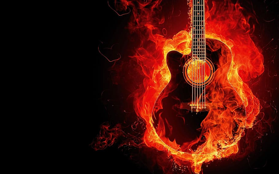 flaming guitar digital wallpaper, red burned acoustic guitar