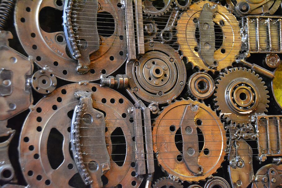 gray mechanical guitar, grunge, gears, old, technology, vintage HD wallpaper