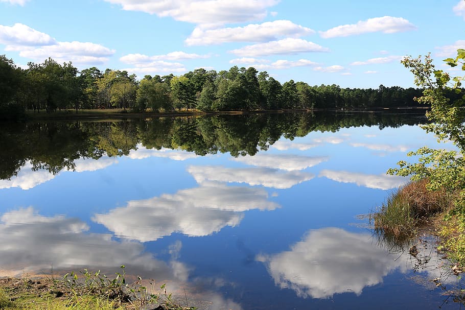reflection, clouds, sky, nature, water, landscape, blue, summer HD wallpaper