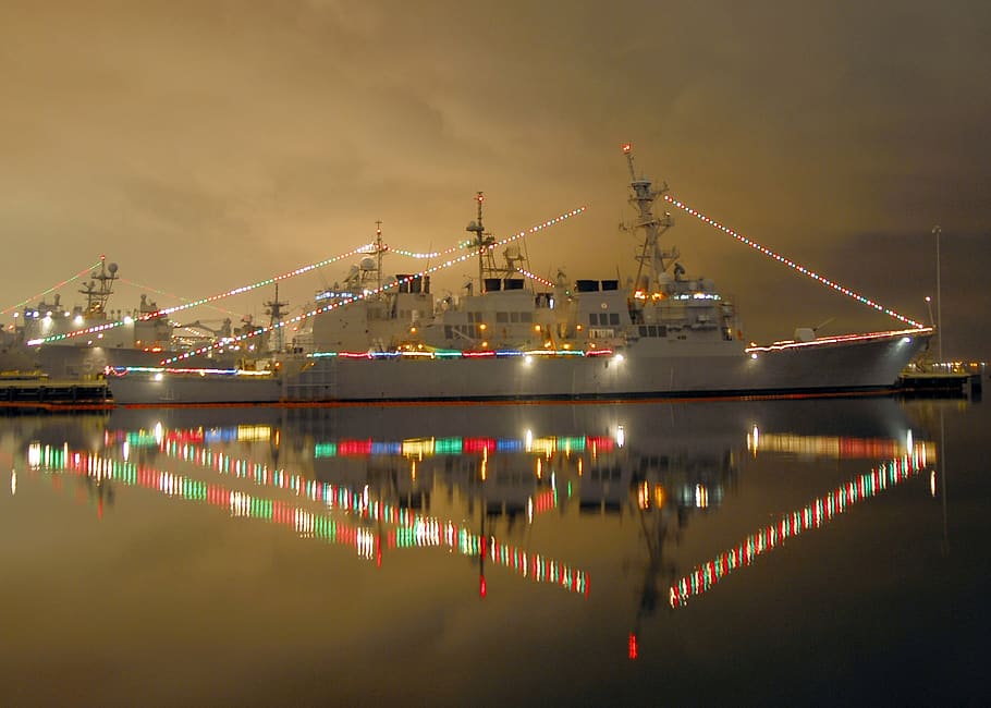 christmas lights, decoration, navy, ship, pier, harbor, bright, HD wallpaper