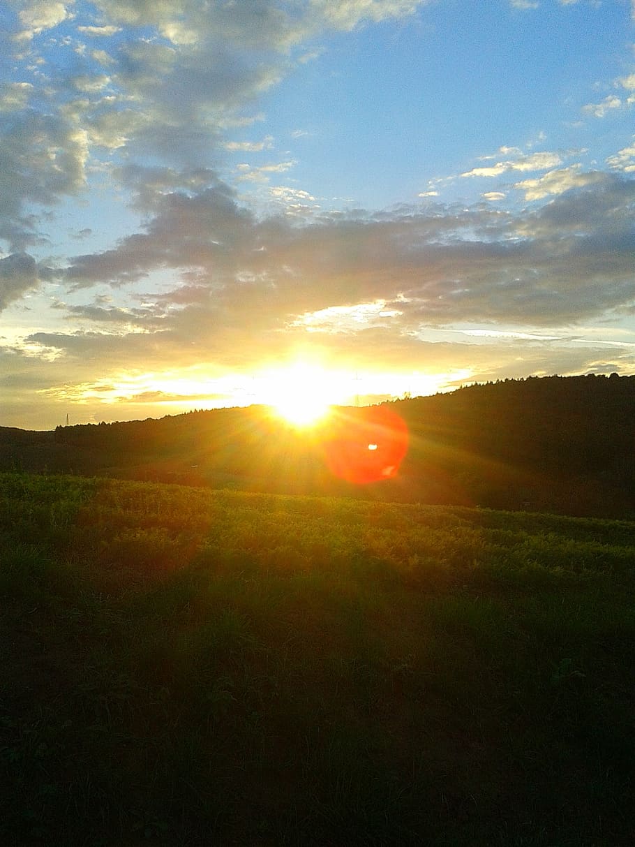sun, sunset, mountains, forest, abendstimmung, sky, clouds HD wallpaper
