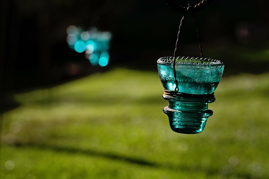 decoration, hanging, turquoise, water, grass, no people, focus on foreground HD wallpaper