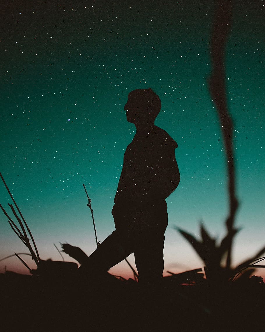 silhouette of standing man under blue sky, sillhouette of man staring at the sky during night HD wallpaper