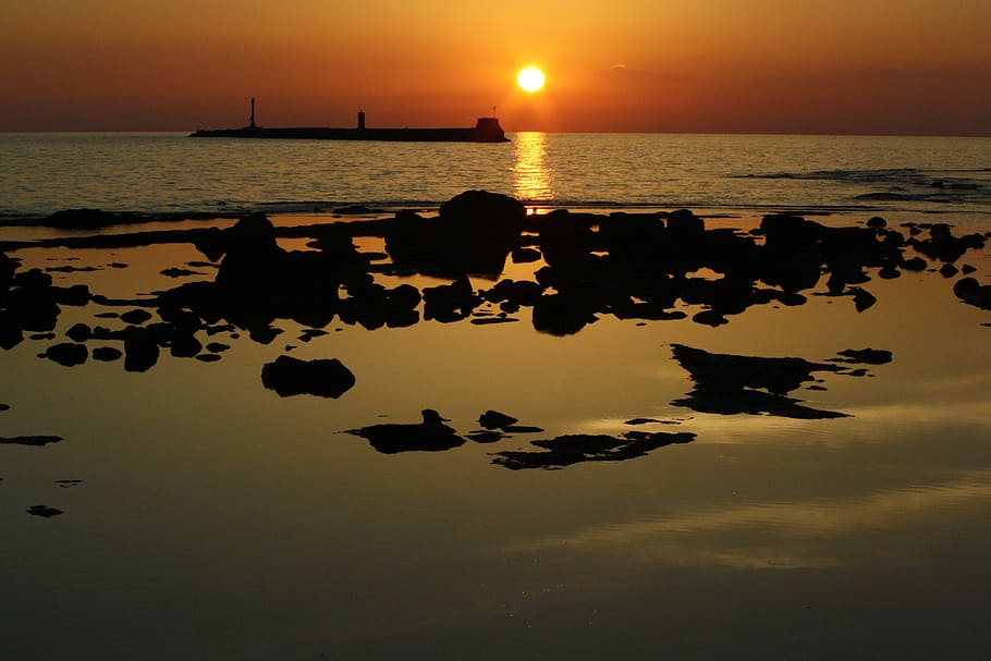 sea, water, beach, sunset, twilight, rocks, marine landscape HD wallpaper