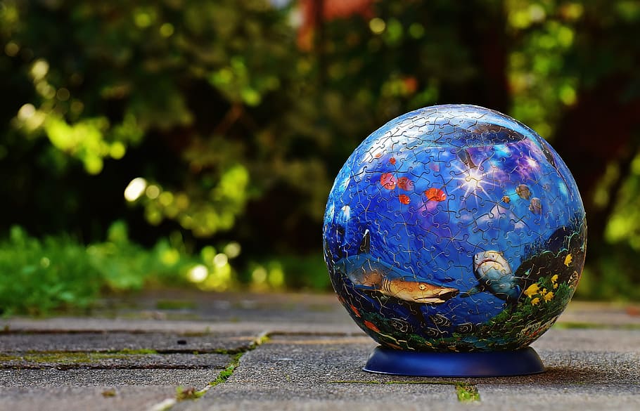 blue and multicolored ball decor, puzzle ball, underwater world, HD wallpaper