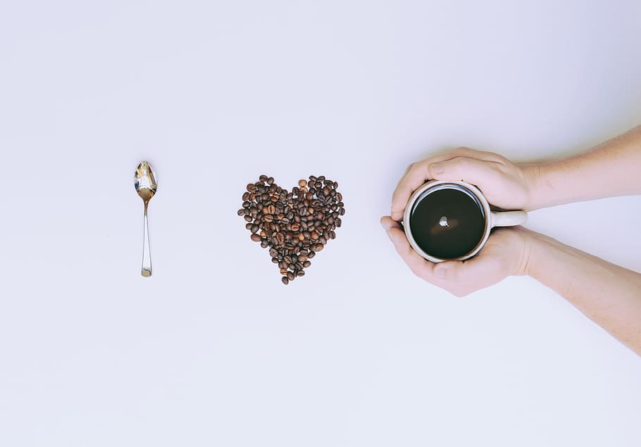 person holding ceramic mug, coffee, beans, spoon, cup, still life HD wallpaper