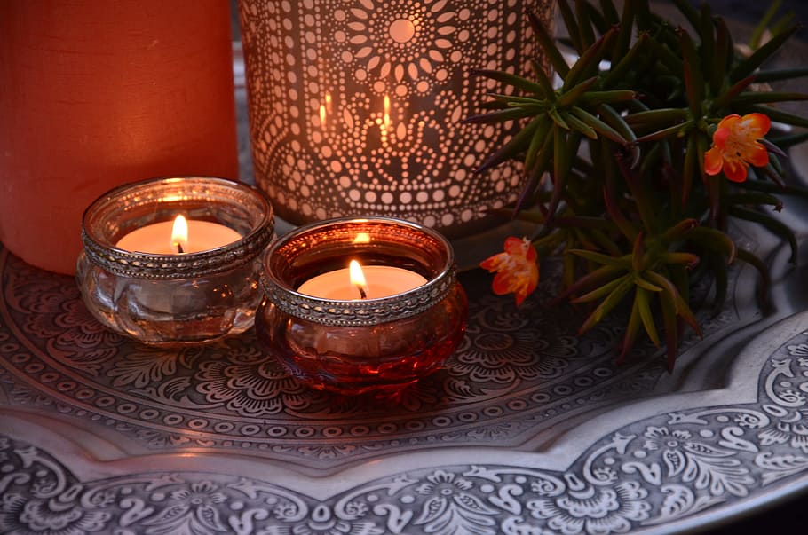 two brown steel candle holders on gray steel tray, votive candles, HD wallpaper