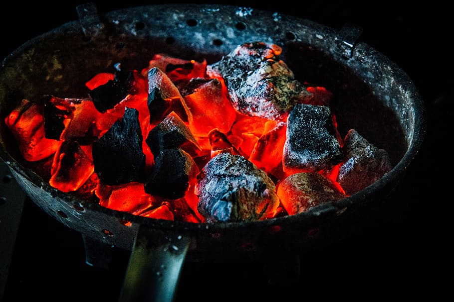 burning charcoals, focus photography of charcoal burning on frying pan