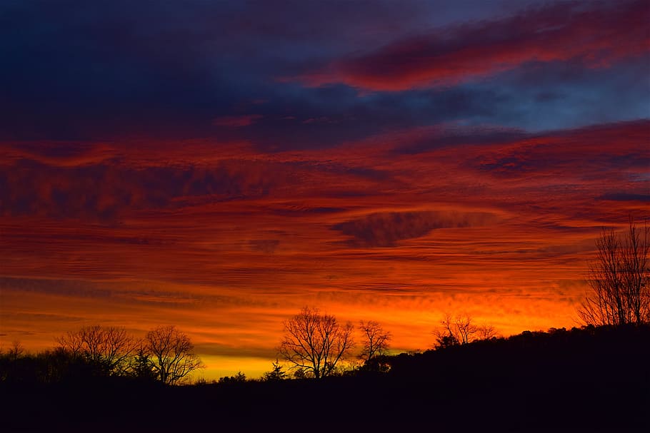 sunrise, sky, silhouette, trees, clouds, dawn, mountain, nature HD wallpaper