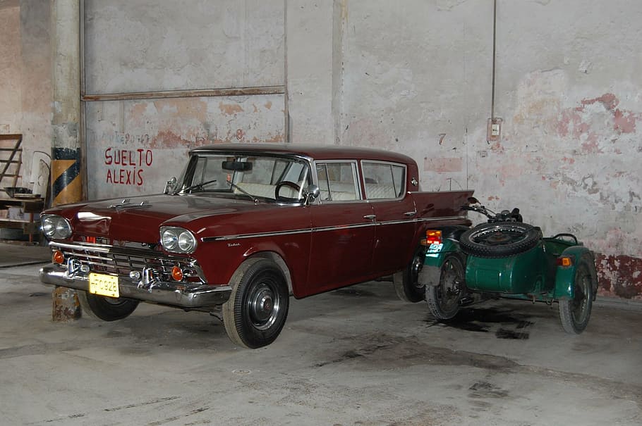 classic red vehicle parked beside green tricycle, auto, moto HD wallpaper