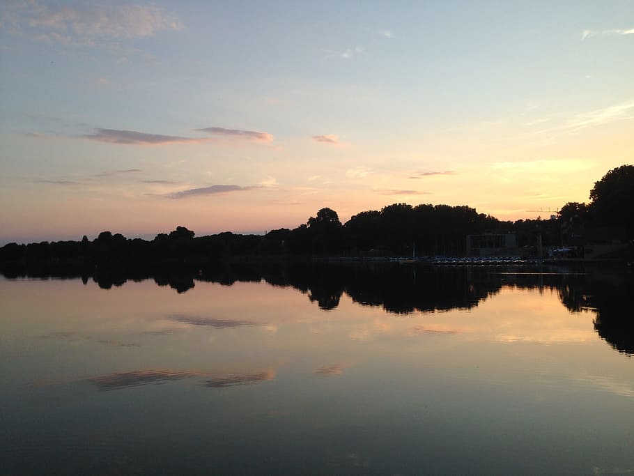 lake, mirroring, reflection, water, landscape, nature, evening light HD wallpaper