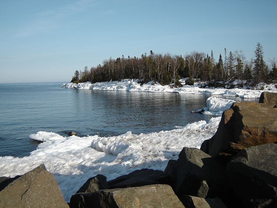 cold, snow, nature, landscape, frozen, trees, water, sea, blue HD wallpaper