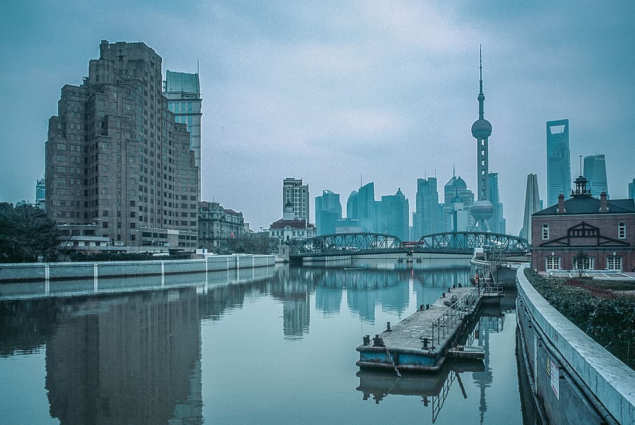 the Bund, China cityscape, lake, pool, water, wall, canal, architecture HD wallpaper