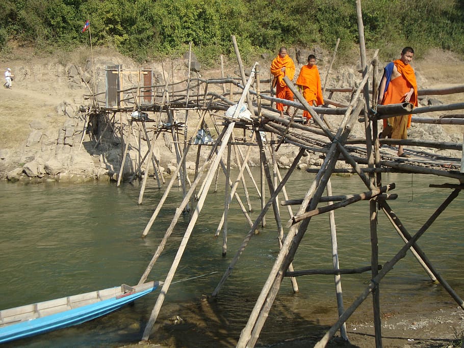 monks, buddhist, laos, bridge, river, water, nature, day, transportation HD wallpaper