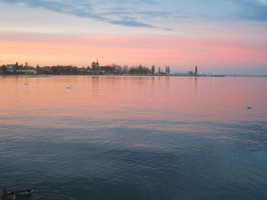 sunset, evening, lake, sea, water, reflection, nature, dusk HD wallpaper