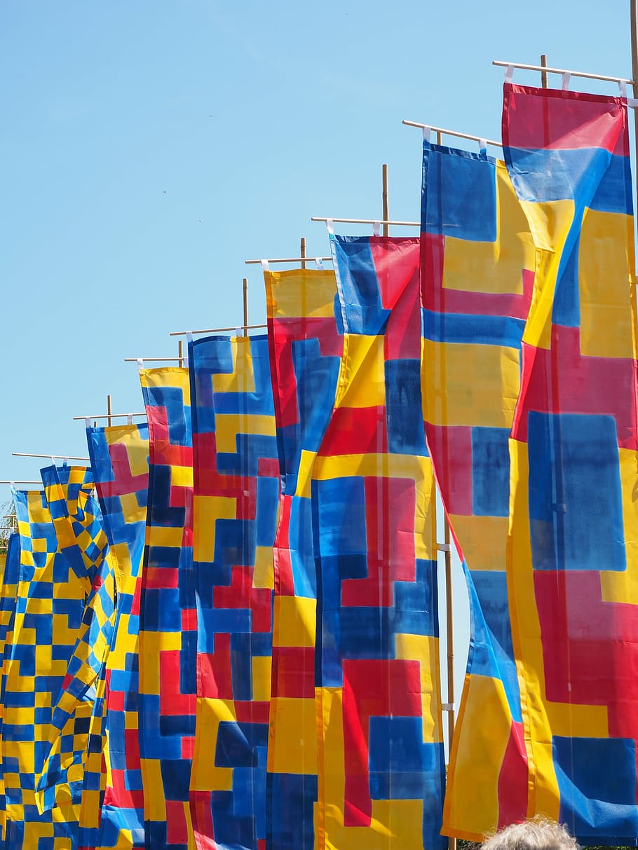flags, blow, flutter, commemorative event, blue, red, yellow HD wallpaper
