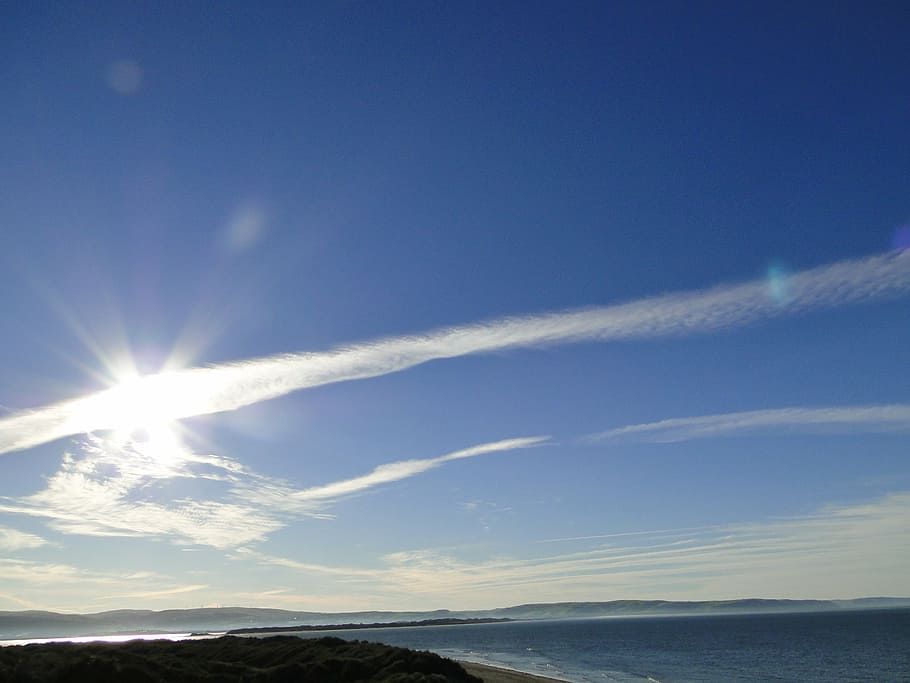 sky, sun, blue, sea, spring, contrail, summer, beach, nature HD wallpaper