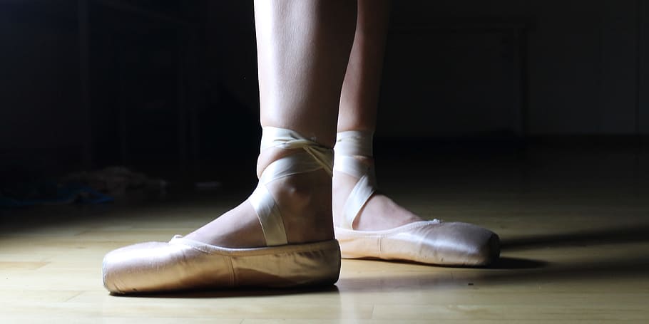 woman wearing pair of gray Ballet shoes, ballerina, dance, performance