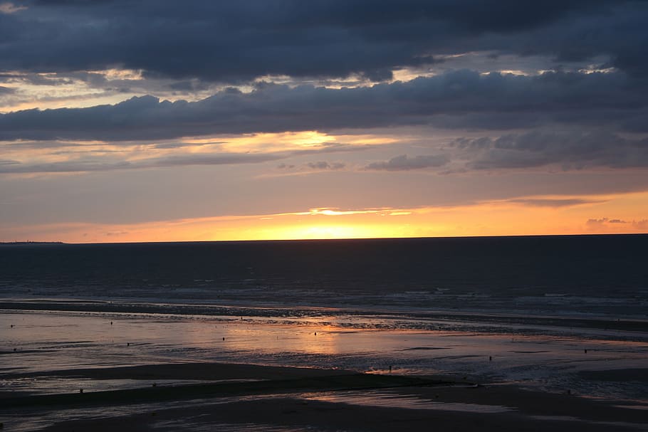 landscape was, normandy beach, sunset, sky, water, cloud - sky HD wallpaper