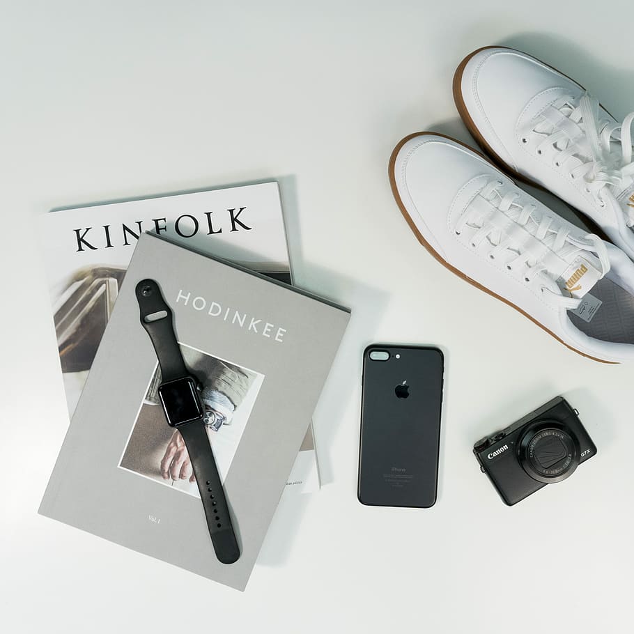 Hd Wallpaper Pair Of White Low Top Shoes Pair Of White Puma Sneakers Beside Black Iphone 7 And Apple Watch Wallpaper Flare