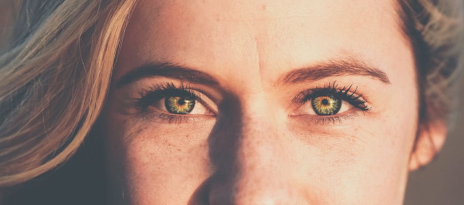 close-up photo of woman's face, Stare Down, eye, freckle, women