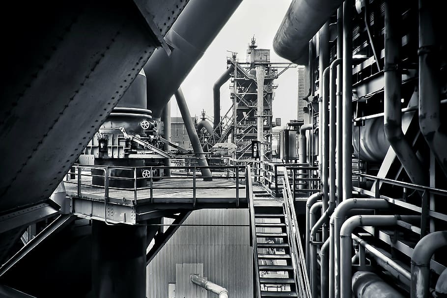 grayscale photo of factory, architecture, steel mill, factory building