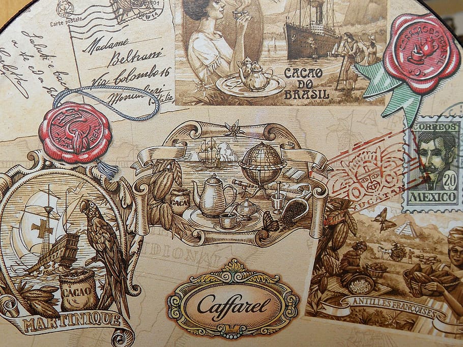 close-up photo of Caffarel painting, textyre, suitcase, trip HD wallpaper