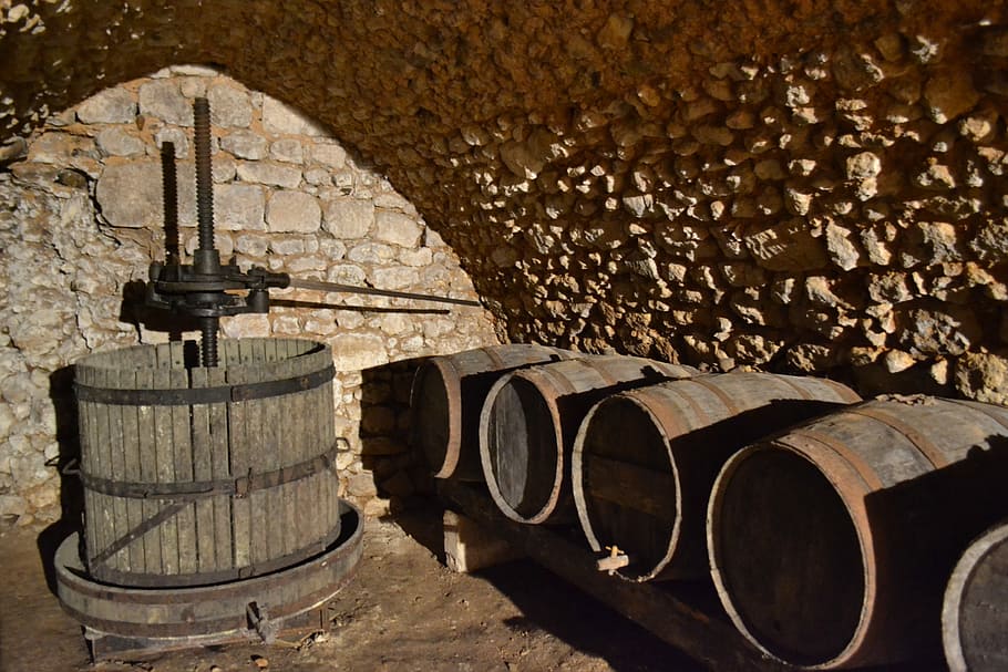 Press, Cave, Barrel, Wine, France, castle, old barrel, wooden barrel HD wallpaper