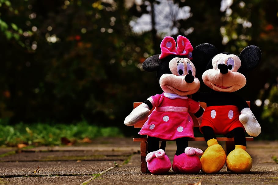 Minnie and Mickey Mouse sitting on bench plush toys, disney, mice