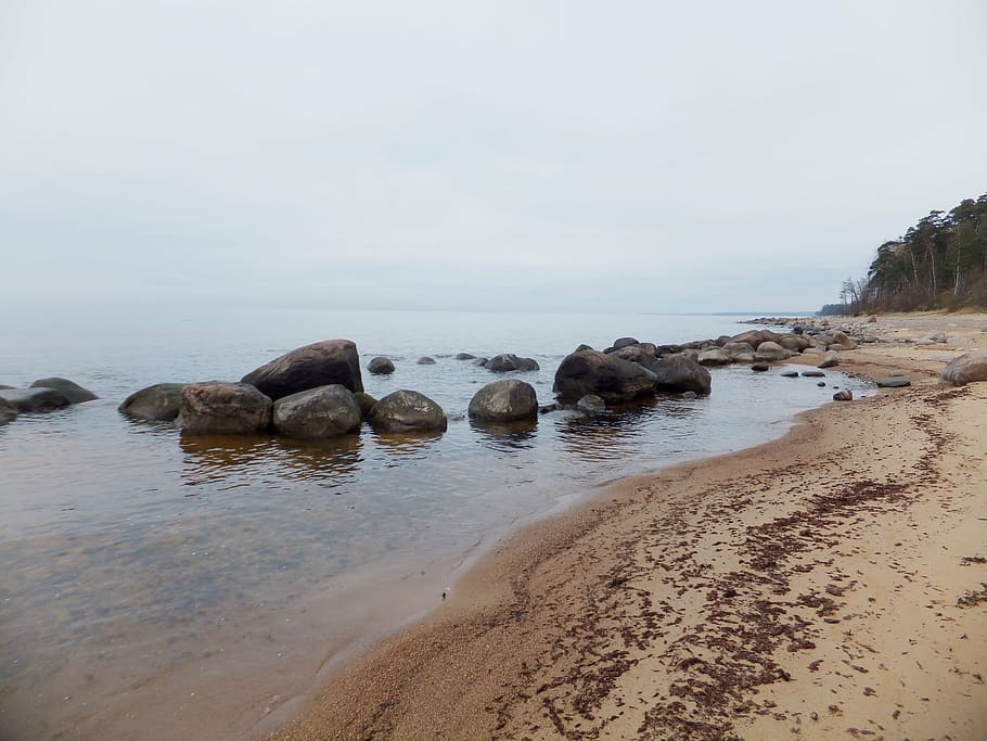 sea, stone, sand, beach, nature, coastline, rock - Object, water HD wallpaper
