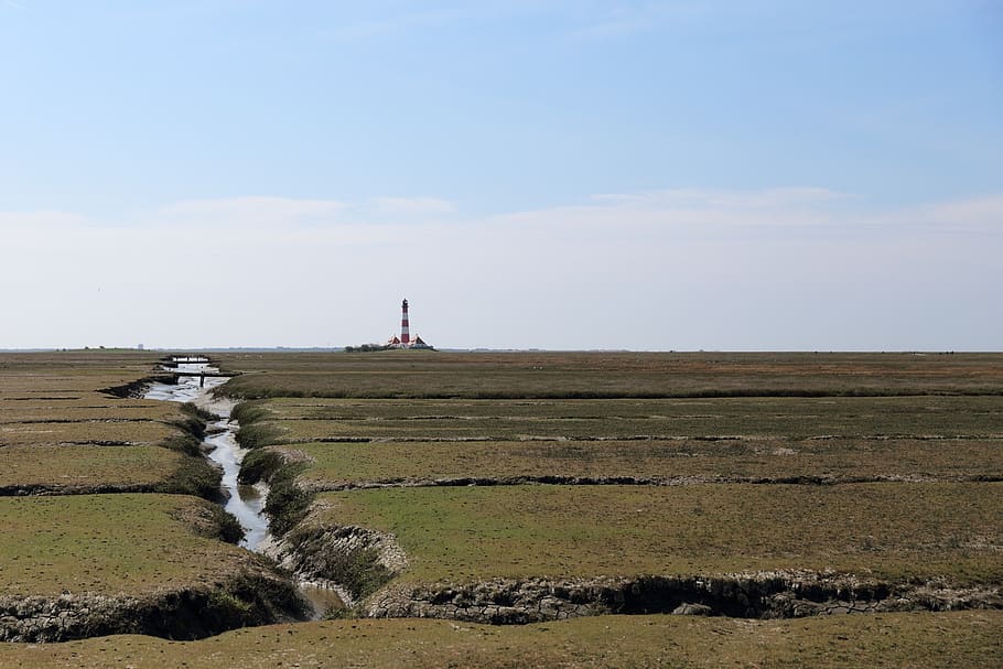 lighthouse, westerhever, salt meadow, sky, day, architecture HD wallpaper