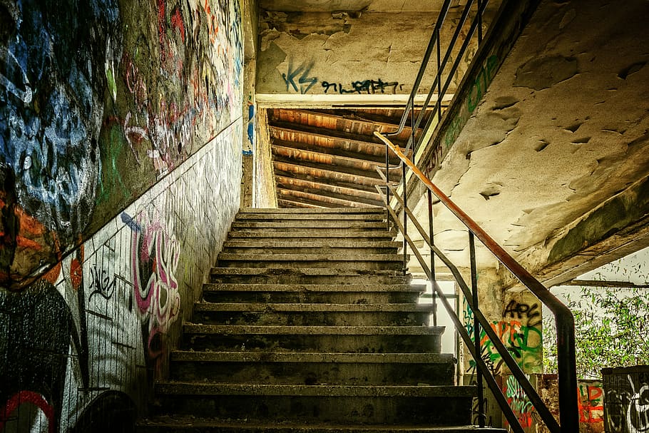 photo of gray concrete house, lost places, stairs, staircase