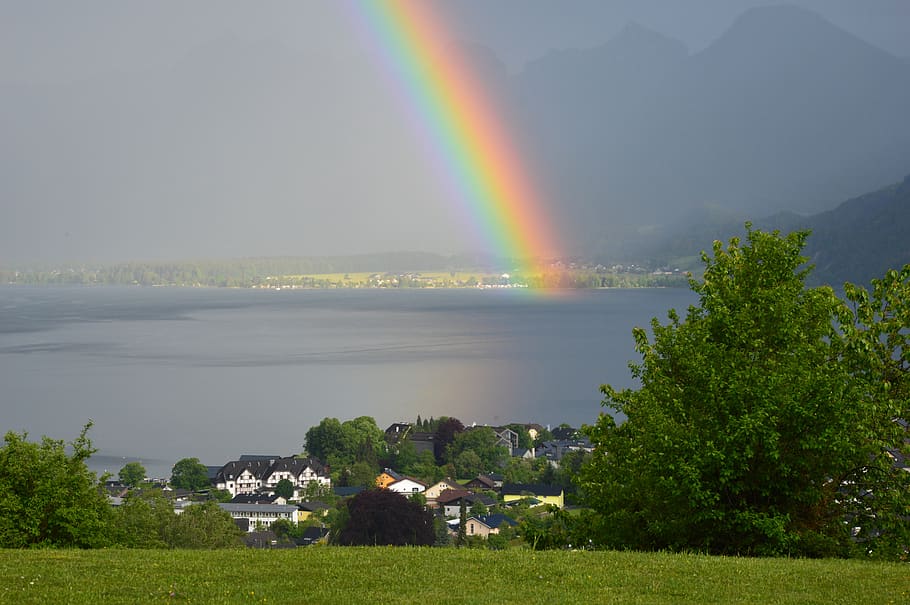 rainbow, st, gilgen, lake wolfgang, sky, nature, austria, weather, HD wallpaper