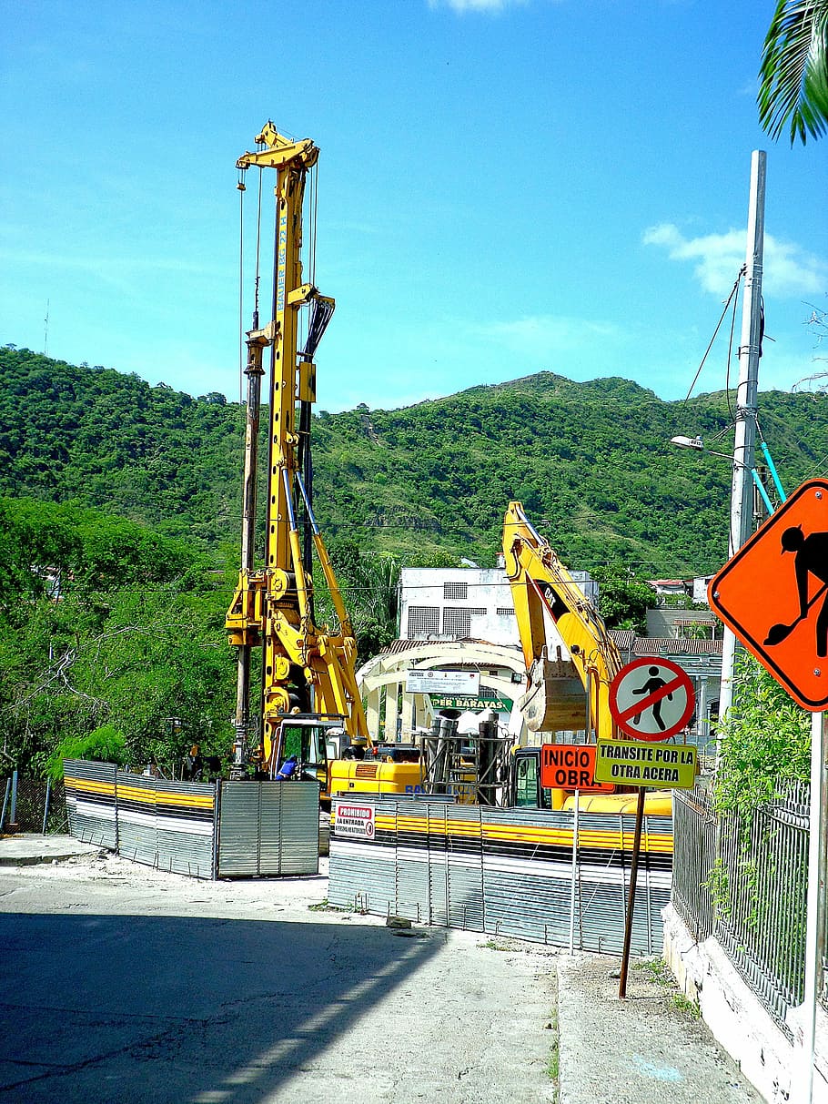 Machinery, Construction, Bridge, mountain, road, road sign HD wallpaper