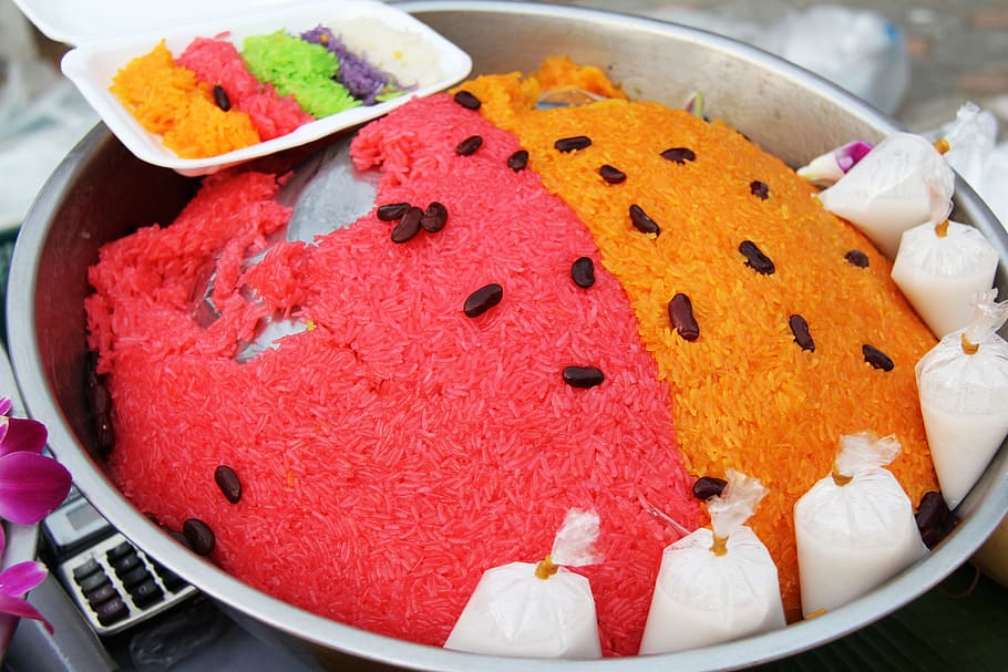cooked rice in silver basin, food, sticky rice, colorful, coconut, HD wallpaper