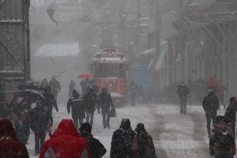 tramway, beyoğlu, winter, snow, cold, architecture, group of people HD wallpaper