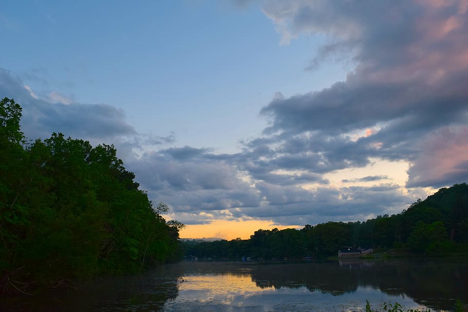 clouds, sky, lake, water, sunset, nature, landscape, mountain HD wallpaper